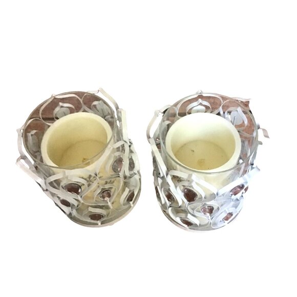 CANDLE HOLDERS -SET WITH BATTERY OPERATED CANDLES WHITE WITH CLEAR RHINESTONES - Picture 4 of 8